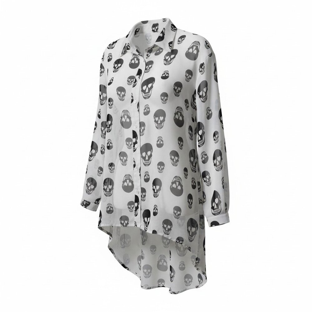 Goth Skull Hi Low Blouse XL 2XL Sheer Button Front Grunge Alternative Top NWT